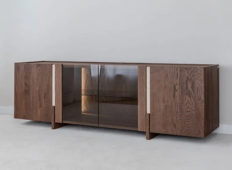 Meuble TV / Couleur : Tabacco / 4 portes / Bois massif / Chêne huilé / Pierre de travertin / 180 x 46 x 56 cm / 6 compartiments / Éclairage LED inclus