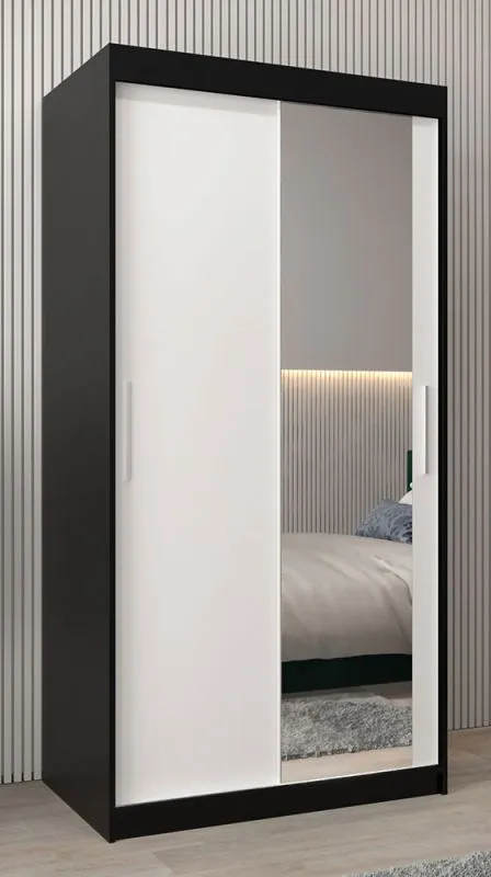 Armoire penderie à portes coulissantes Bisaurin 1C avec miroir | Noir / Blanc mat | 200 x 100 x 62 cm