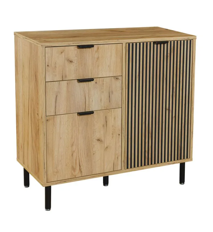 Commode étroite 2 portes Luanco 03 | Chêne doré | Métal | 88 x 87,8 x 40,5 cm | 2 tiroirs, 3 compartiments