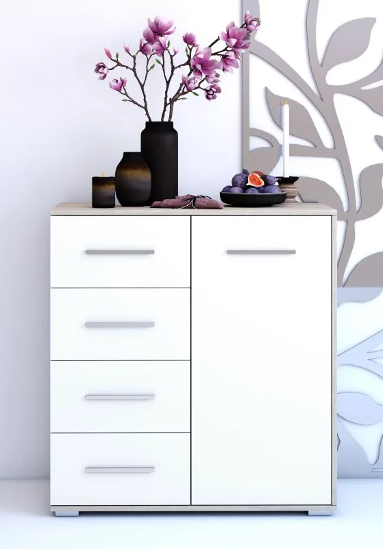 Commode Comarca 01 | Blanc & chêne Sonoma | 96 x 90 x 45 cm | 1 porte | 4 tiroirs | 3 niches | Poignées argentées