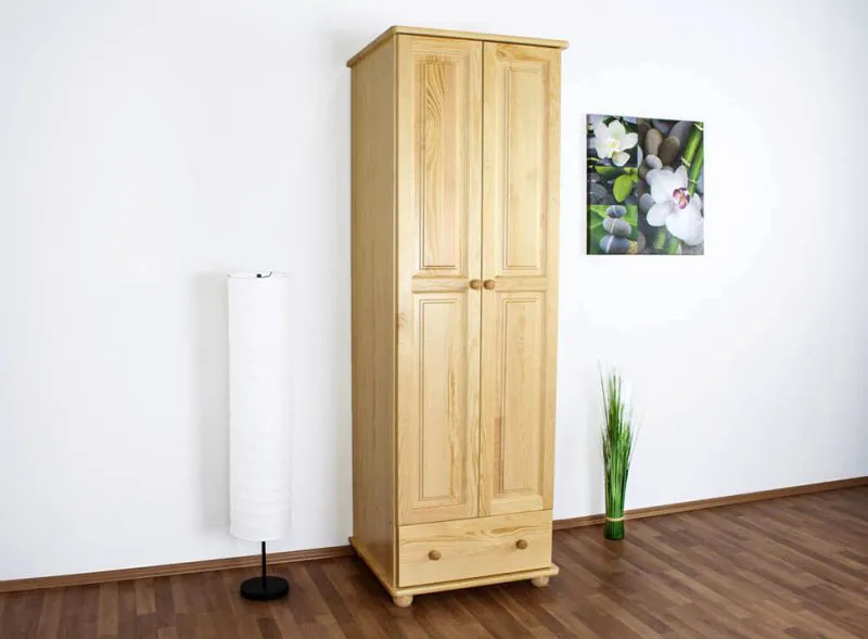 Armoire | 2 portes battantes | 4 casiers | 1 tiroir | avec tringle à vêtements | 65 cm de large | Bois massif | Couleur: Naturel Abbildung