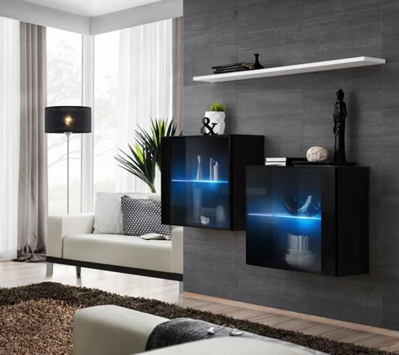 Ensemble de 2 vitrines murales design avec étagère Balestrand 359 | Noir/Blanc | 110 x 130 x 30 cm | Éclairage LED