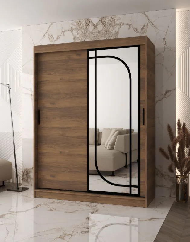Armoire à portes coulissantes / Penderie à vêtements / Couleur : Noyer Warmia / 150 x 62 x 200 cm / 2 tringles à vêtements / Système de glissières fiable / 5 compartiments / Miroir décoratif