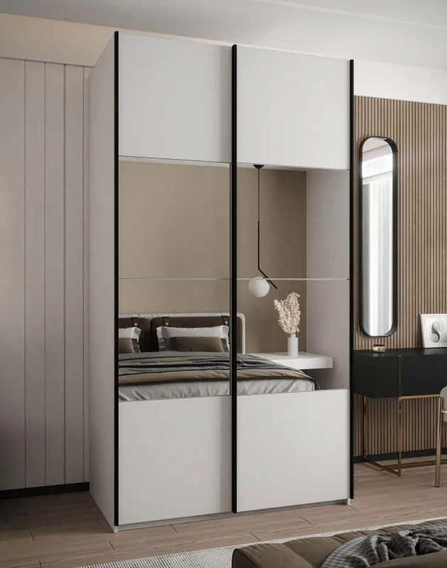 Penderie / Armoire à portes coulissantes / 245,5 x 130 x 64 cm / 2 portes coulissantes / Soft-Close / 2 tringles à vêtements / Miroir / Couleur : Blanc / 6 compartiments