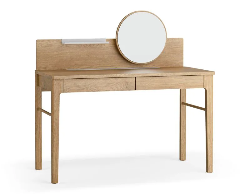 Coiffeuse / 2 tiroirs / 1 miroir / Couleur : Chêne / 123 x 56 x 96 cm / Étagère pour petits objets / Fonction Soft-Close / Bords arrondis