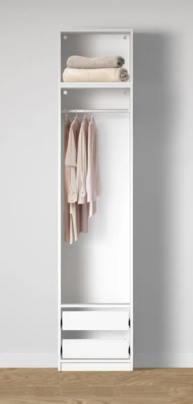 Armoire ouverte / 1 tringle à vêtements / Couleur : Blanc / 2 tiroirs / 1 compartiment / Finition moderne / 51,5 x 55 x 234 cm / Pour l'entrée ou le dressing