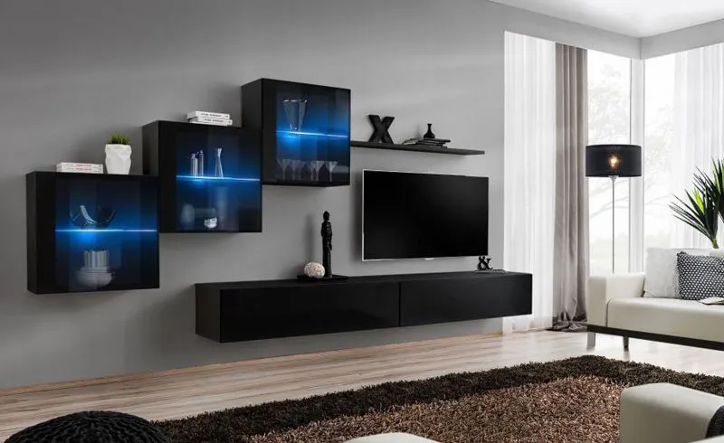 Meuble mural design épuré Balestrand 306 | Noir | 150 x 330 x 40 cm | Push-to-open