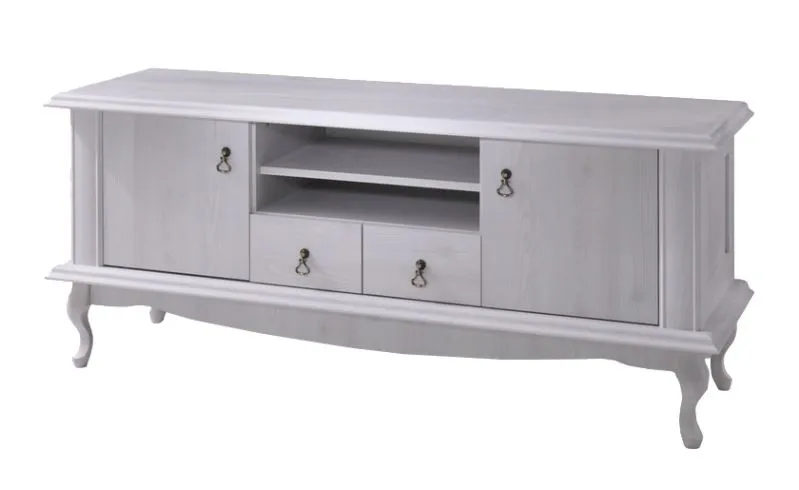 Meuble TV bas Bignona 14 | Pin blanc élégant | 60 x 144 x 47 cm | 2 portes, 2 tiroirs