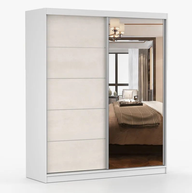 Grande armoire portes coulissantes avec miroir | 2 portes | 6 compartiments | Blanc soie bicolore | Cuillin 05 | 218 x 183 x 61 cm