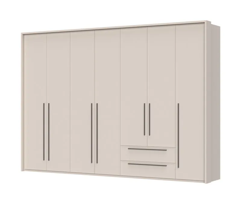 Armoire à sept portes avec cadre Neiafu 54, couleur : cachemire, deux tiroirs, système de fermeture en douceur, dimensions : 226 x 322 x 60 cm, quatre tringles à vêtements