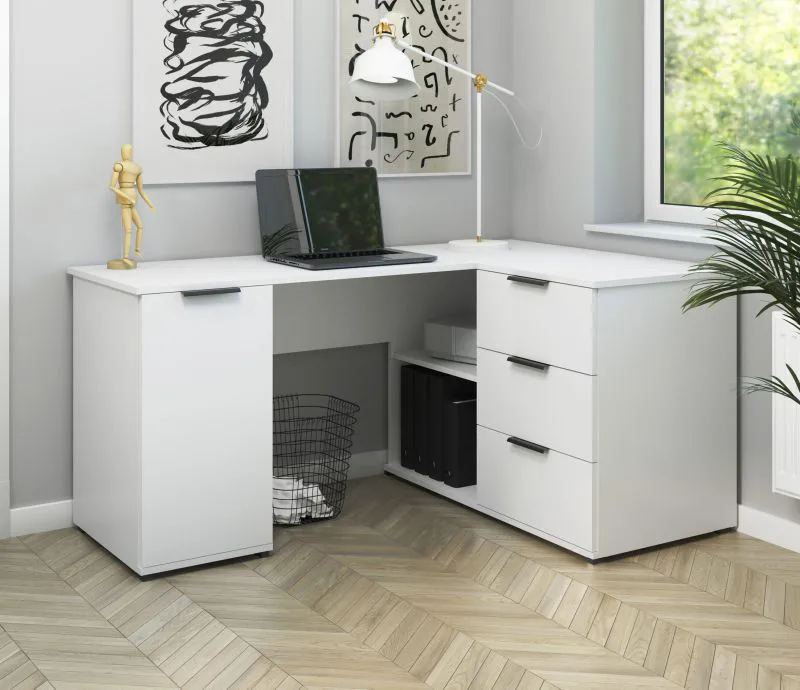 Bureau d'angle / Blanc / Fonction push-to-open / Surface de travail de 150 cm / Dimensions : 150 x 98 x 78 cm / 3 tiroirs / Fonctionnel et élégant / 4 compartiments / Pour le bureau