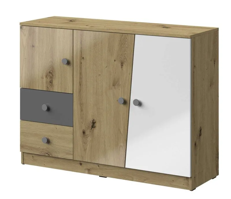 Commode Sirte 07 | Finition chêne, blanc et gris brillant | 90 x 120 x 40 cm | Design moderne