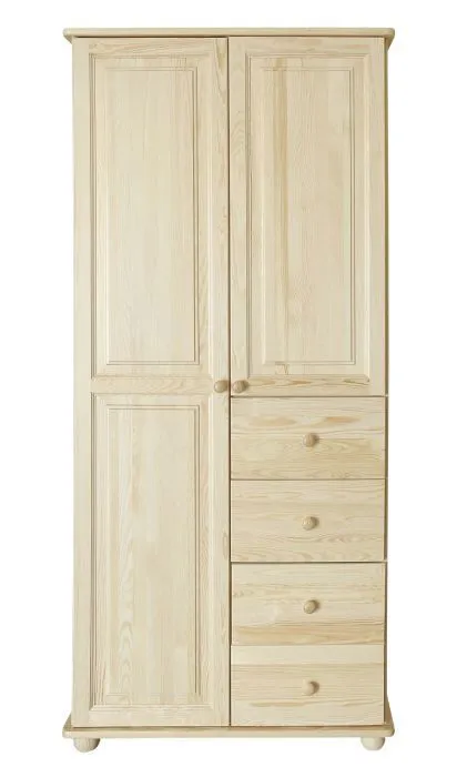 Armoire | 2 portes battantes | 4 tiroirs | 3 casiers | avec tringle à vêtements | 92 cm de large | Bois massif | Couleur: Naturel Abbildung