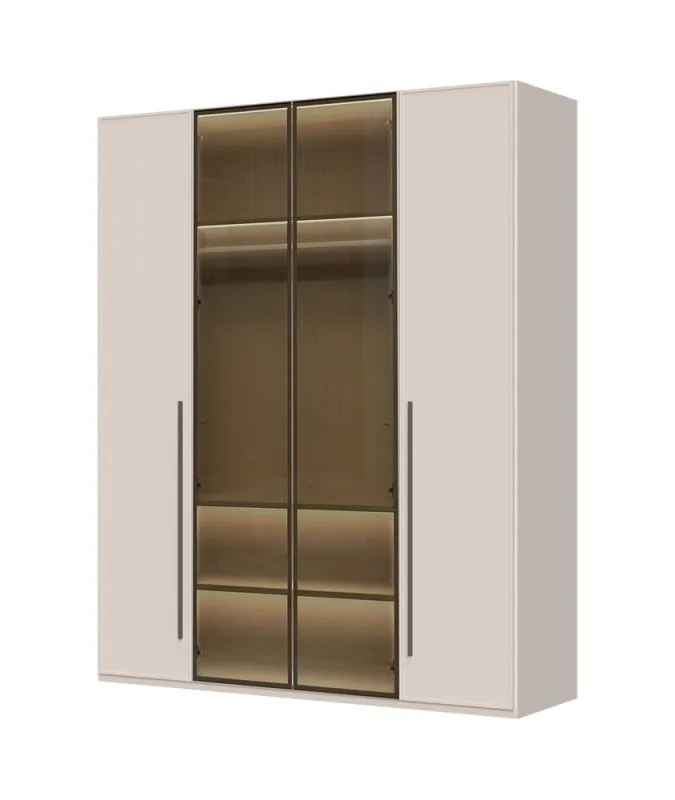 Armoire à deux portes vitrées Neiafu 10, couleur : cachemire, dimensions : 224 x 182 x 56 cm, avec éclairage intérieur, trois tringles à vêtements, système de fermeture en douceur