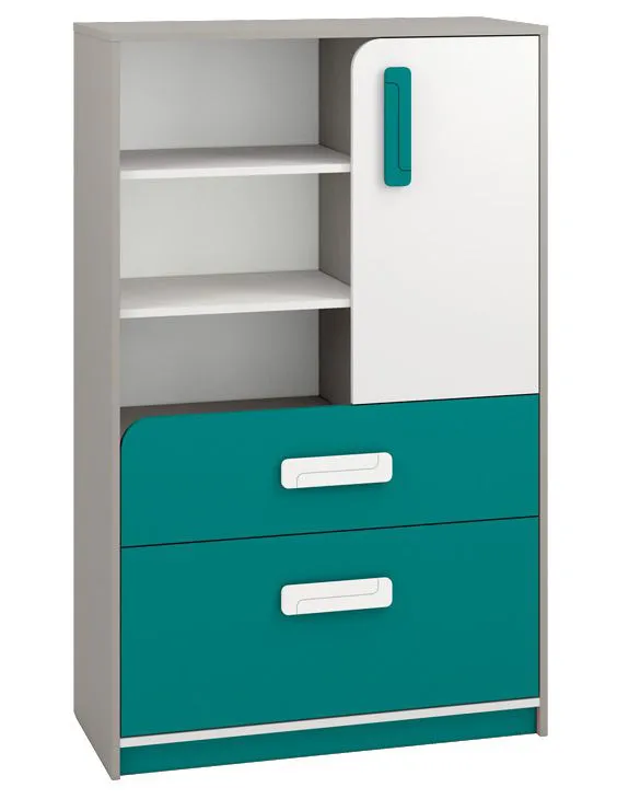 Chambre d'enfant - Commode Renton 07, couleur : gris platine / blanc / bleu-vert - Dimensions : 140 x 92 x 40 cm (H x L x P), avec 1 porte, 2 tiroirs et 6 compartiments