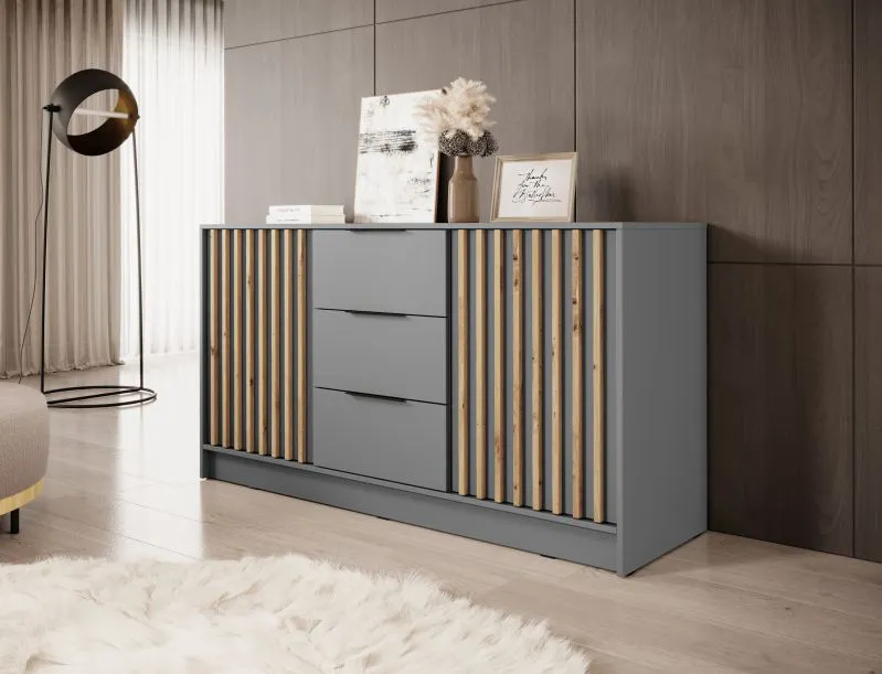 Commode design élégant Leeds 25 | Gris graphite & chêne artisan | 86 x 155 x 45 cm