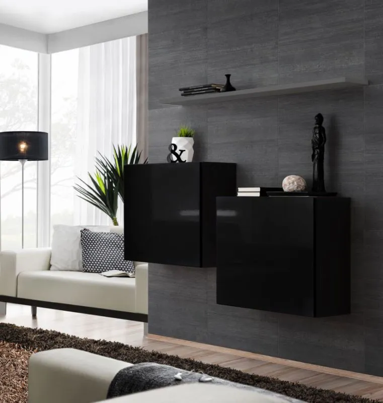 Meubles muraux design Balestrand 330 | Noir/Gris | 110 x 130 x 30 cm | Avec étagère murale