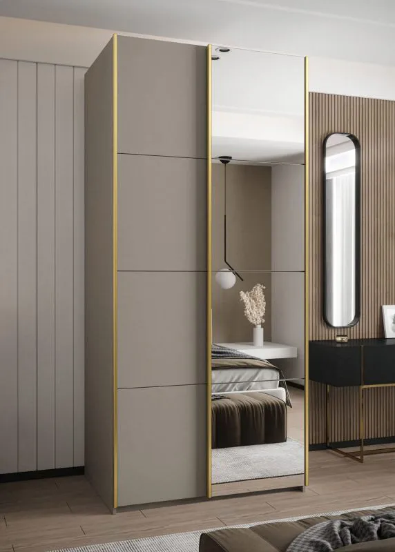 Penderie / Armoire à portes coulissantes / 6 compartiments / Soft-Close / Couleur : Cachemire / 245,5 x 100 x 64 cm / 2 tringles à vêtements / 2 portes coulissantes / Miroir
