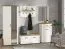 Vestiaire lumineux - Ensemble C Banat, 5 pièces, Couleur : Blanc mat / Chêne artisan, une armoire vestiaire, un miroir, une commode, une armoire à chaussures et une penderie avec quatre crochets