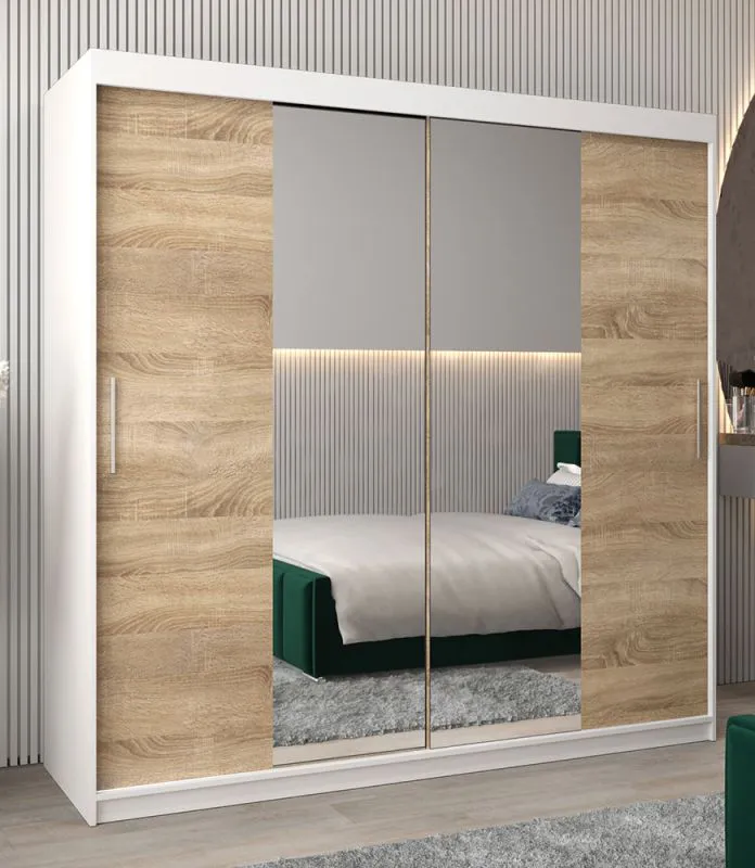 Penderie portes coulissantes Bisaurin 5B avec miroir | Blanc mat & Chêne Sonoma | 200 x 200 x 62 cm