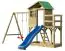 Tour de jeux S19A avec toboggan ondulé, balançoire double, balcon, bac à sable et échelle en bois - Dimensions : 378 x 369 cm (l x p)