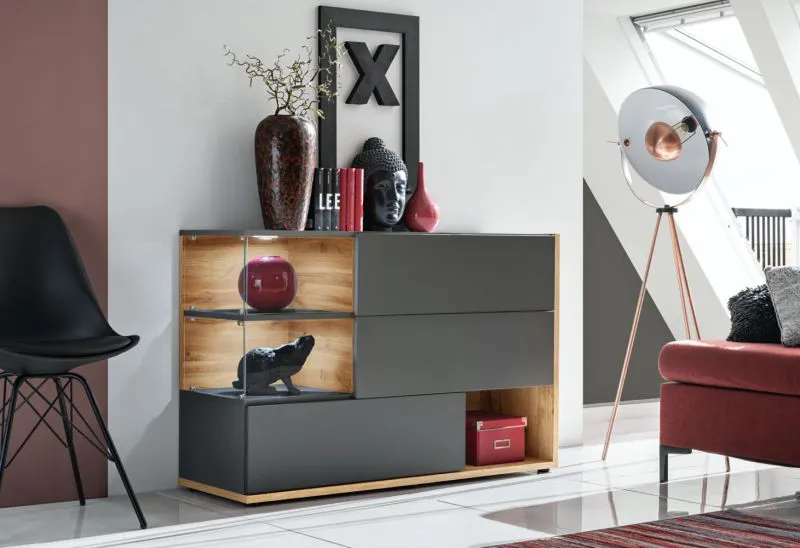 Buffet moderne Bjordal 42 | Anthracite & chêne Wotan | 77 x 120 x 40 cm | 6 compartiments