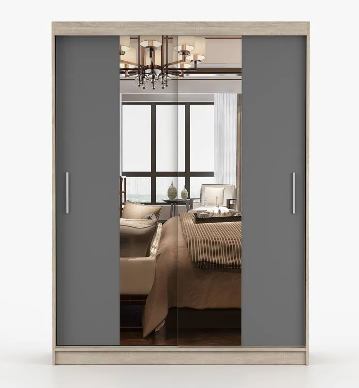 Armoire portes coulissantes miroir | 61 x 150 x 200 cm | Chêne Sonoma & Gris | Bucegi 07 | 2 portes, 6 compartiments
