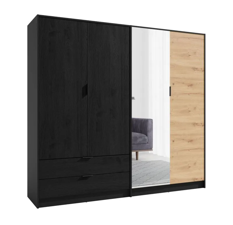 Armoire penderie Filiates 01 | 1 porte miroir, 2 tiroirs, 2,2 m large | Noir et chêne Artisan