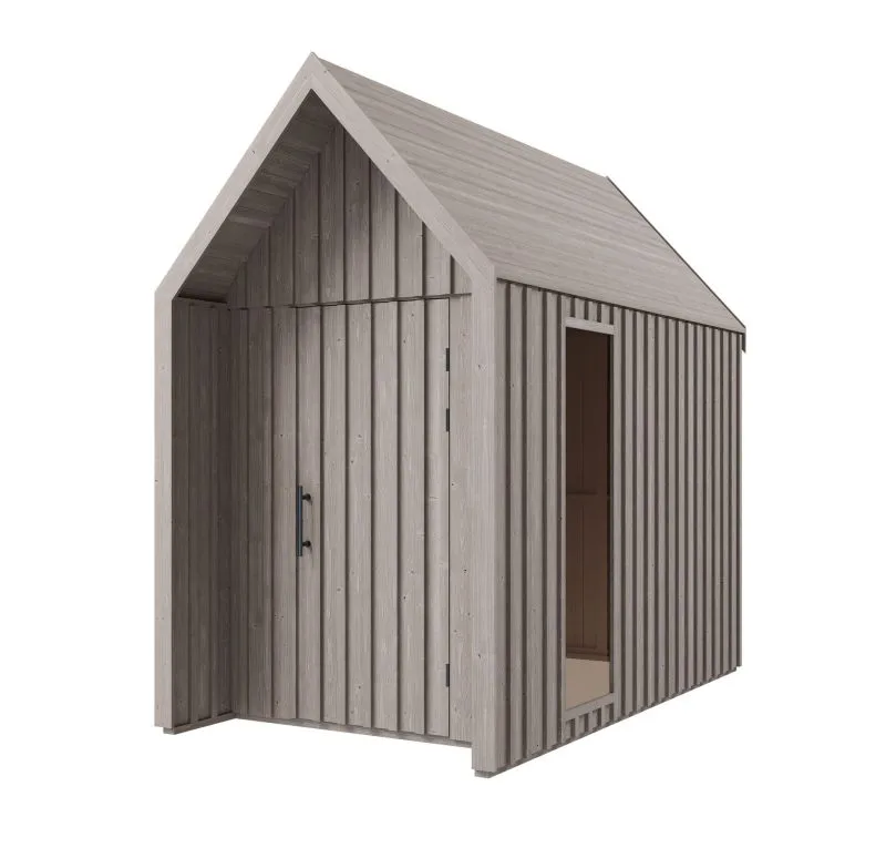 Abri de jardin de style scandinave / 1 fenêtre / Gris-marron / Surface au sol : 4,64 m² / Toit à deux versants / Dimensions extérieures : 162,4 x 285,7 cm / Malmö 22 / Bois d'épicéa