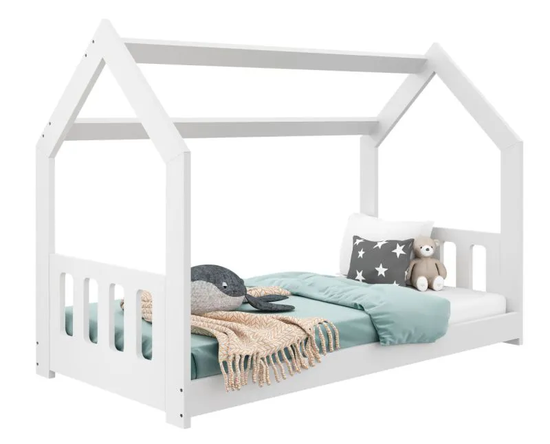 Lit cabane enfant en pin massif blanc | Design maison | 80 x 160 cm | Inclus sommier
