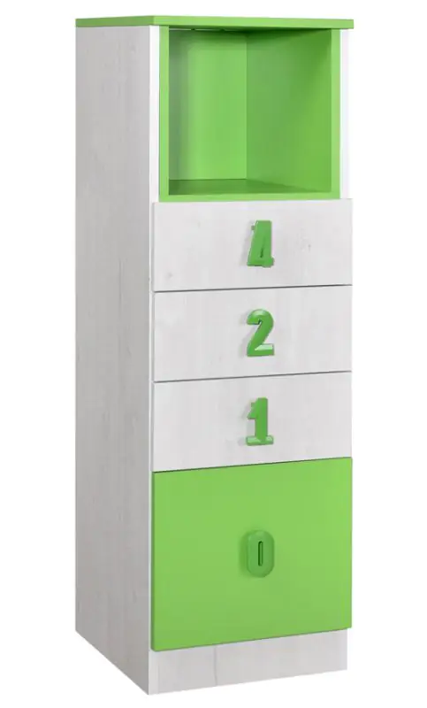 Chambre d'enfant - commode Luis 24, couleur : chêne blanc / vert - 127 x 40 x 42 cm (h x l x p)