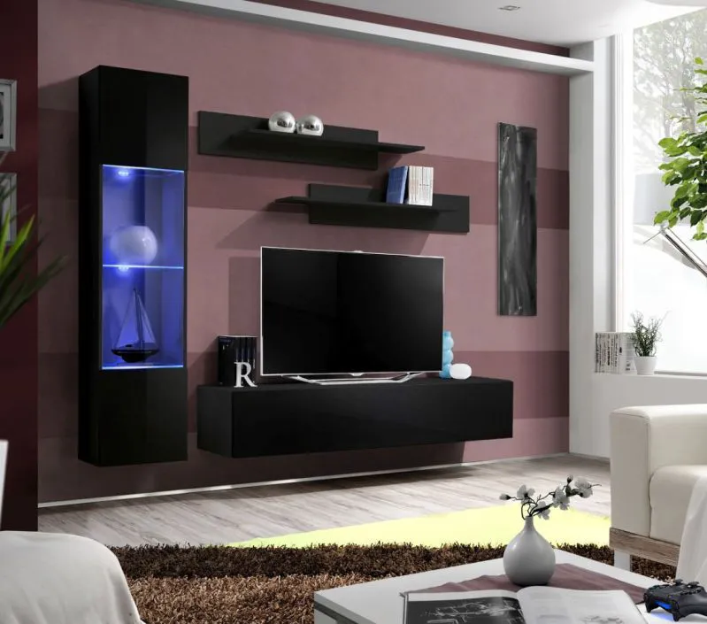 Meuble TV mural Hompland 72 noir | LED bleue | 170 x 210 x 40 cm | Design moderne