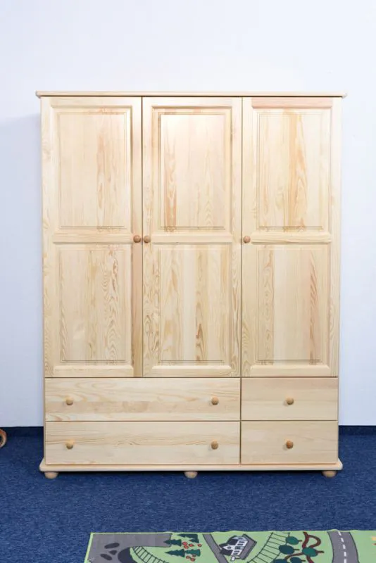 Armoire | 3 portes battantes | 4 tiroirs | 4 casiers | avec tringle à vêtements | 154 cm de large | Bois massif | Couleur: Naturel Abbildung