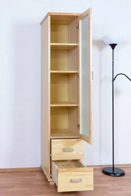 Étroite 40 cm de large Armoire avec 1 porte, 4 casiers et 2 tiroirs en bois massif | Couleur: Naturel | Profondeur: 50 cm Abbildung