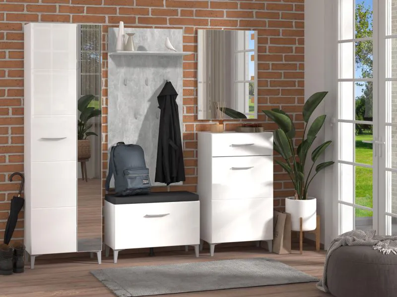 Vestiaire complet - Ensemble A Molia, 5 pièces, Couleur : Blanc / Blanc brillant, chants ABS, une armoire vestiaire, une commode, un miroir, une armoire à chaussures avec coussin d'assise et un porte-manteau avec cinq crochets