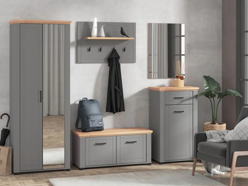 Vestiaire - Ensemble D Banat, 5 pièces, protection des bords ABS, une armoire vestiaire avec miroir, une commode, un miroir, une armoire à chaussures, un porte-manteau avec quatre crochets