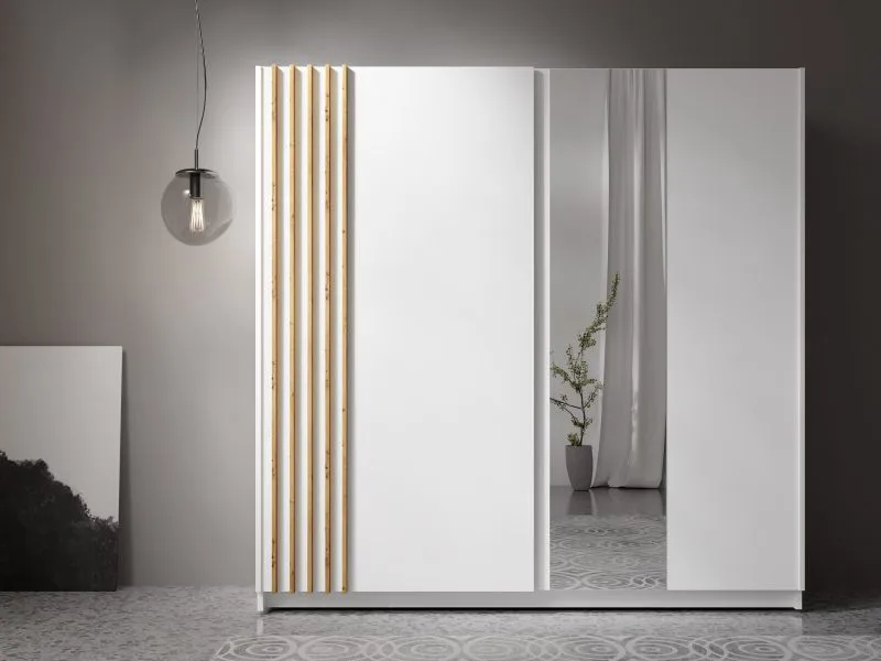 Armoire à portes coulissantes / Miroir / Couleur : Blanc / Lamelles décoratives en chêne artisan / Penderie / Dimensions : 200,5 x 62 x 198,5 cm / 1 tringle à vêtements / 5 compartiments