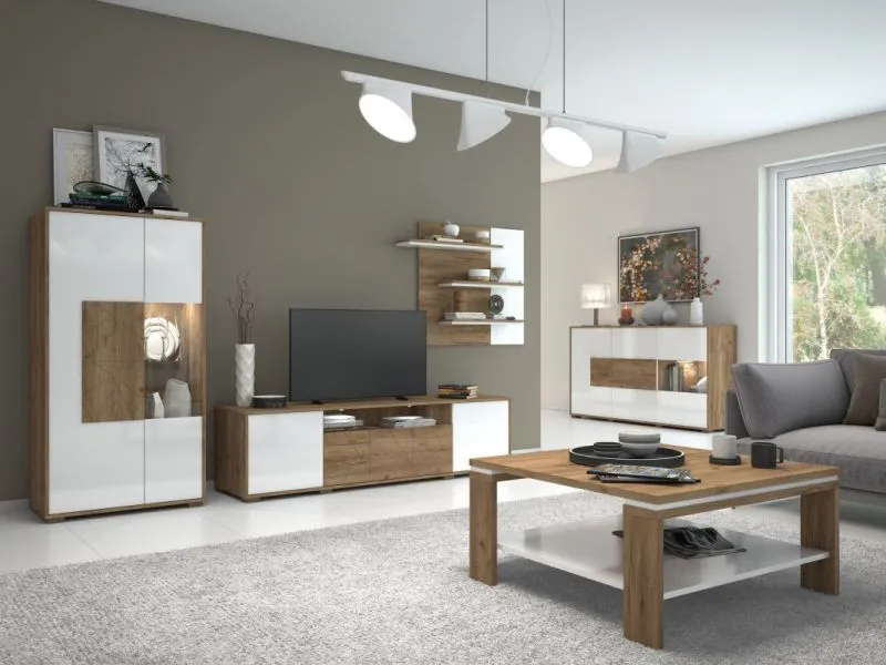 Ensemble salon Manase 5 pièces | Chêne brun & blanc brillant | Design contemporain