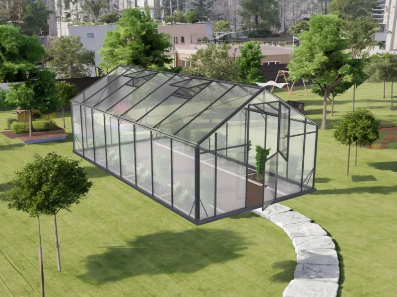 Serre - serre Rucola XL16, parois : verre trempé 4 mm, toit : 6 mm HKP multiparois, surface au sol : 16,5 m² - Dimensions : 570 x 290 cm (lo x la)