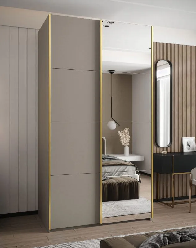 Penderie / Armoire à portes coulissantes / Couleur : Cachemire / Soft-Close / Miroir / 2 tringles à vêtements / 245,5 x 140 x 64 cm / 2 portes coulissantes / 6 compartiments