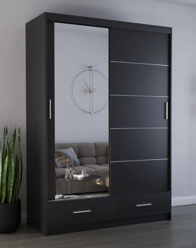 Penderie Lusatian 13 | Portes coulissantes miroir | 218 x 150 x 61 cm | Noir | 2 portes, 2 tiroirs, 6 compartiments