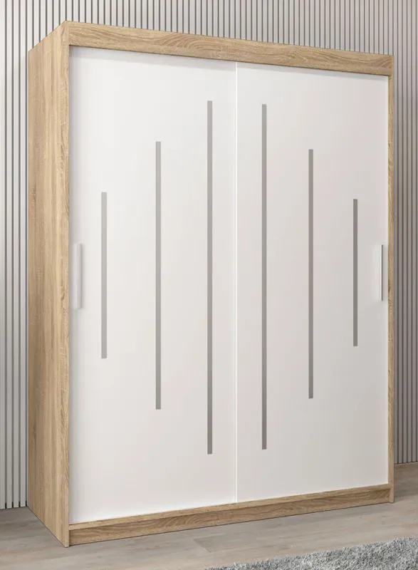 Armoire à portes coulissantes / Penderie Pilatus 03, Couleur : Chêne de Sonoma / Blanc mat - Dimensions : 200 x 150 x 62 cm (H x L x P)