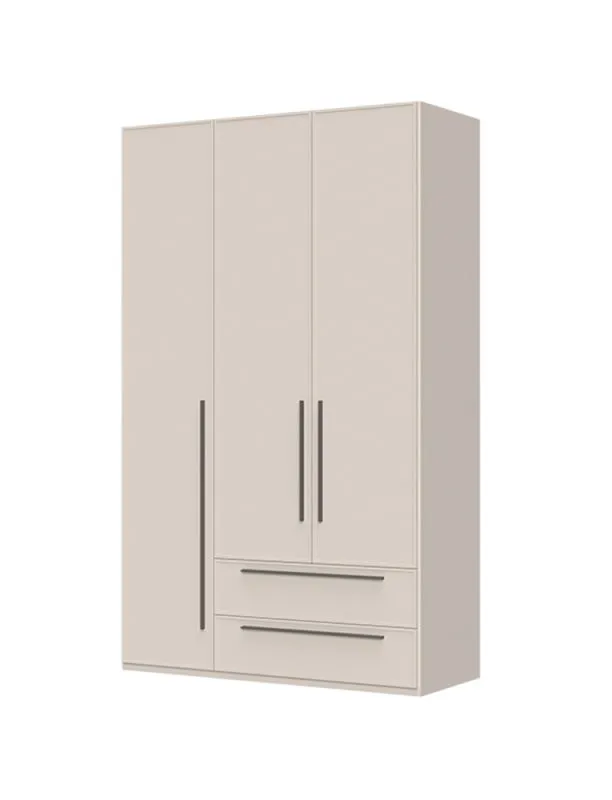 Armoire à portes battantes avec deux tiroirs Neiafu 07, couleur : cachemire, trois portes, système de fermeture en douceur, deux tringles à vêtements, dimensions : 224 x 137 x 56 cm
