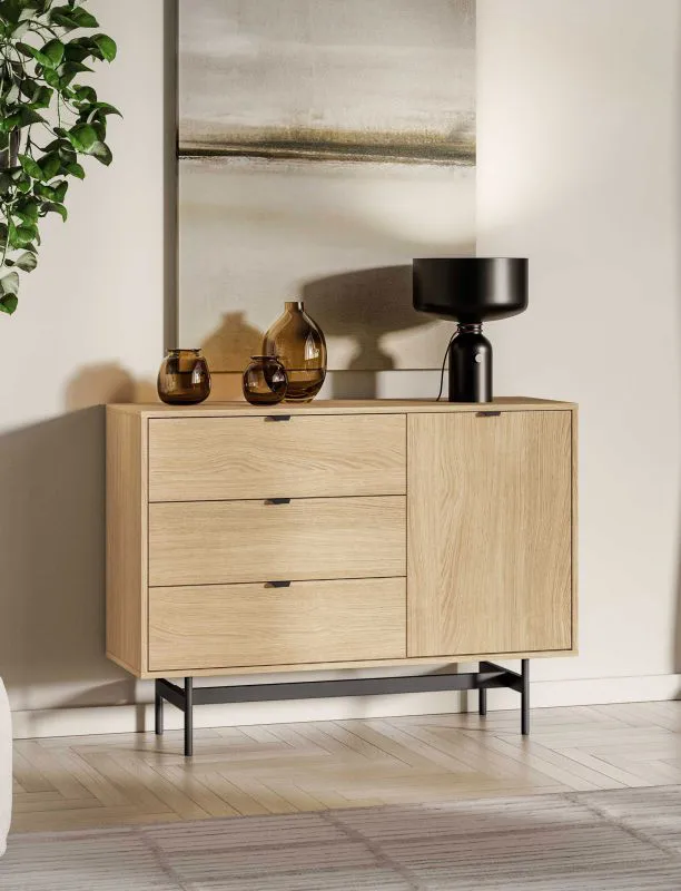 Commode / Couleur : Chêne Mavelie / 3 tiroirs / Fonction Soft-Close / 1 porte / 2 compartiments / 115 x 40 x 85 cm / Design sobre / pour le salon