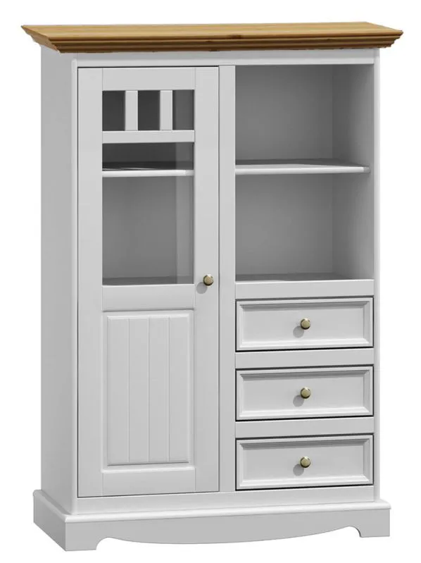 Vitrine Gyronde 17 | Pin massif blanc & chêne | 130 x 90 x 45 cm | Style campagne élégante