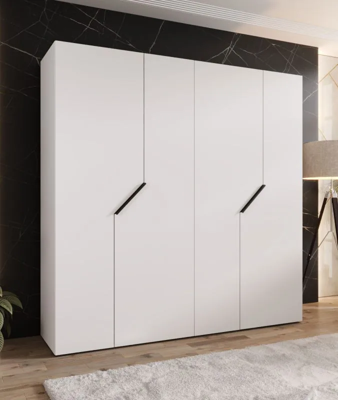 Armoire / 4 portes / Couleur : Blanc / 2 compartiments / 2 tringles à vêtements / Poignées : Noir / Fonction Soft-Close / Dimensions : 200 x 52 x 202 cm / Chants ABS