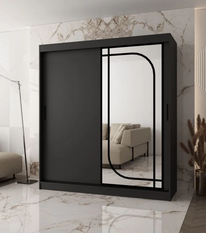 Armoire | 10 compartiments | 2 tringles | Noir mat | Armoire à portes coulissantes | 180 x 62 x 200 cm | 1 porte miroir | Système de glissières fiable