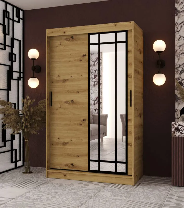 Armoire | Couleur : chêne Artisan | 1 porte miroir | 120 x 62 x 200 cm | 2 tringles | Détails modernes | 5 compartiments | Système de glissières fiable