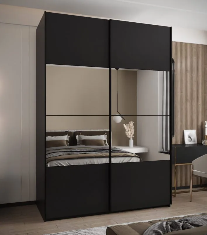 Penderie / Armoire à portes coulissantes / Couleur : Noir / Miroir / 2 portes coulissantes / 245,5 x 180 x 64 cm / Soft-Close / 11 compartiments / 2 tringles à vêtements