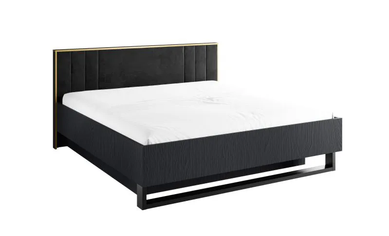 Lit double Amfipoli 14, avec un sommier à lattes avec mécanisme de levage, Couleur : Noir avec structure en bois, rembourrage de tête de lit, Surface de couchage : 180 x 200 cm